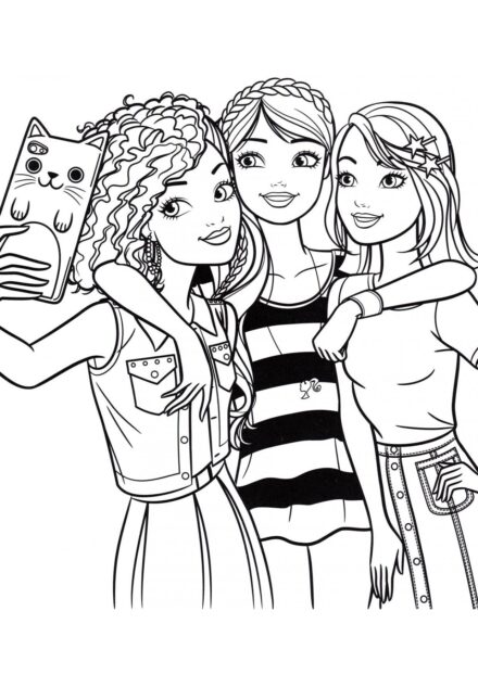 Barbie Tomando Fotos con Amigas Dibujos para Colorear