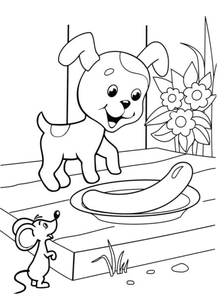 Dibujo para Colorear: Cachorro y una Salchicha