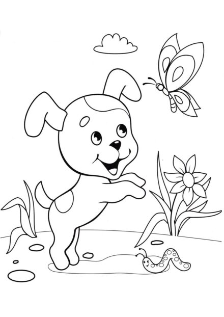 Dibujo para Colorear: Cachorro Persiguiendo Mariposas