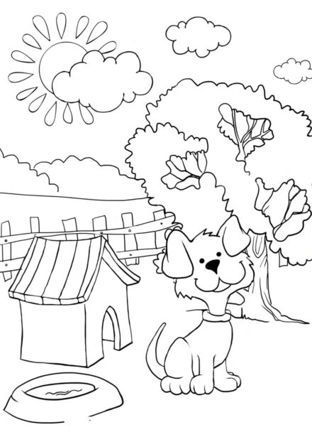 Dibujo para Colorear: Perro junto a la Perrera