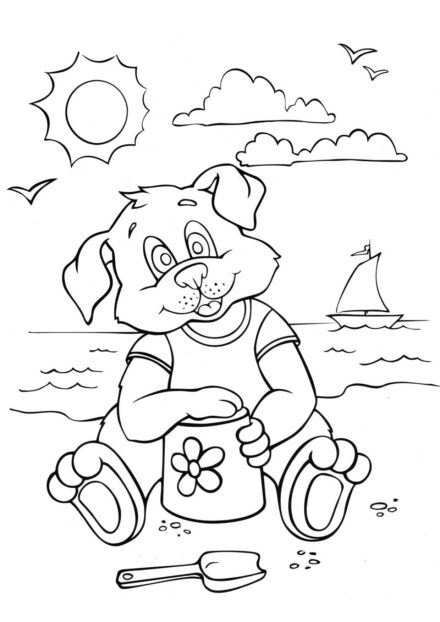 Dibujo para Colorear: Perro Jugando en la Playa