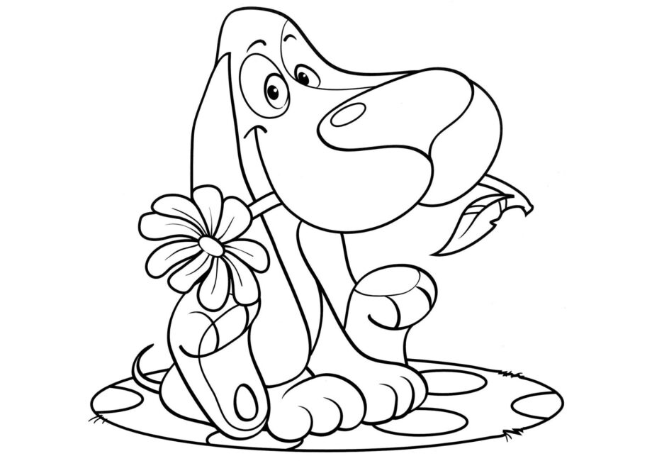 Dibujo para Colorear: Perro con una Flor