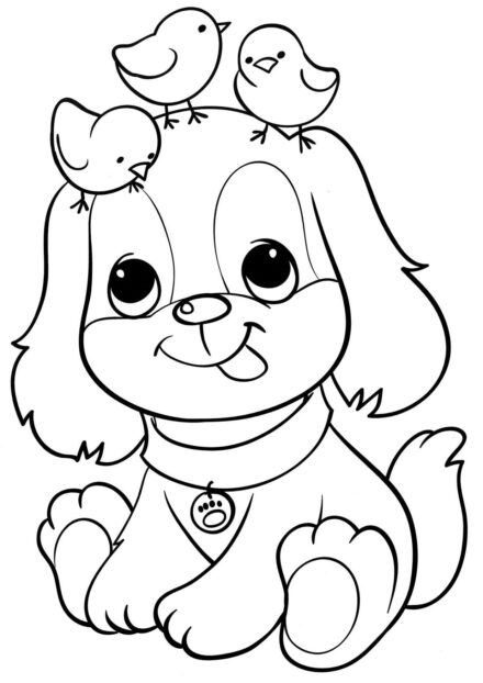 Dibujo para Colorear: Cachorro y Pollitos