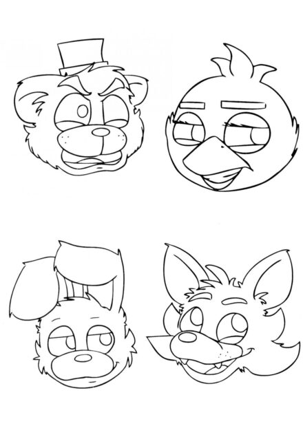 Dibujo para Colorear de las Cabezas de los Personajes de FNAF