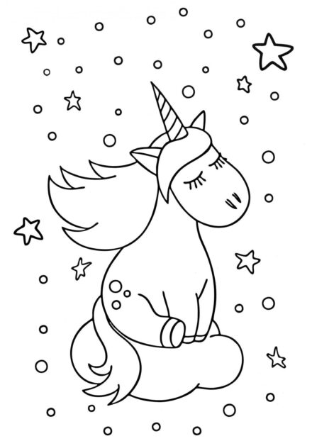 Dibujo para Colorear: Unicornio en el Cielo Nocturno