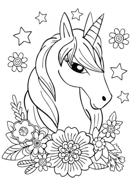 Dibujo para Colorear: Unicornio entre Flores