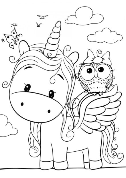 Dibujo para Colorear: Pequeño Unicornio y Búho