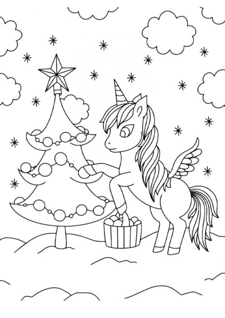 Dibujo para Colorear: Unicornio con un Árbol de Navidad