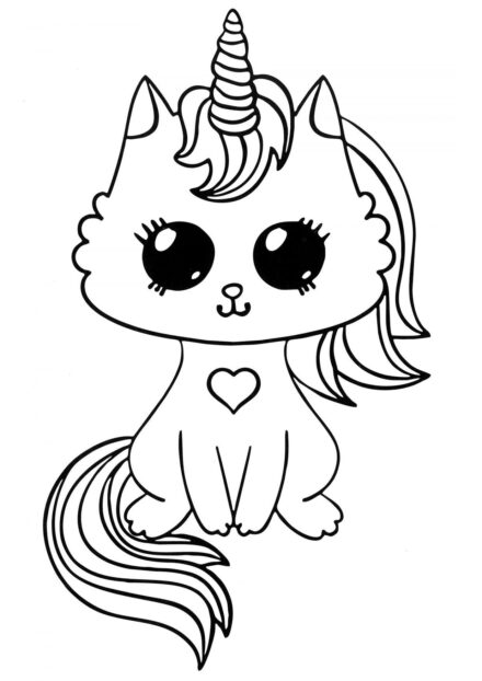 Dibujo para Colorear: Pequeño Unicornio y Gatito