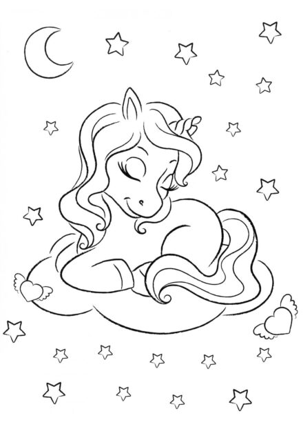 Dibujo para Colorear: Pequeño Unicornio Bajo las Estrellas