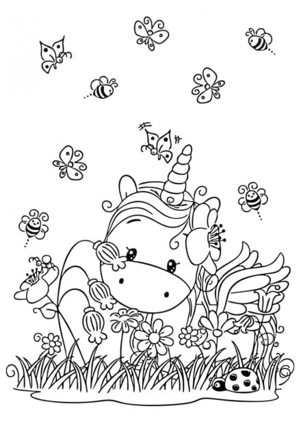 Dibujo para Colorear: Pequeño Unicornio en un Prado