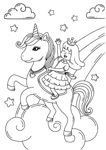 Dibujo para Colorear: Unicornio y Princesa