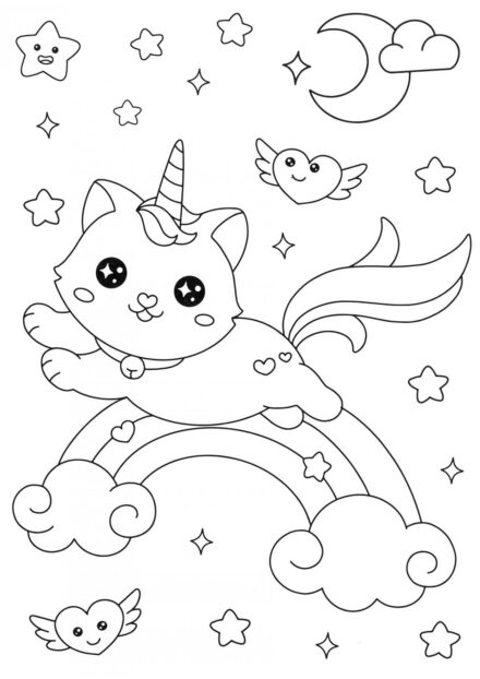 Dibujo para Colorear: Gatito Unicornio Volador