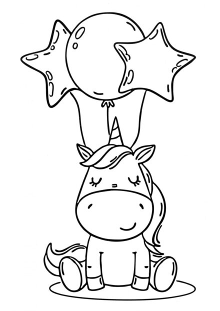 Dibujo para Colorear: Pequeño Unicornio con Globos