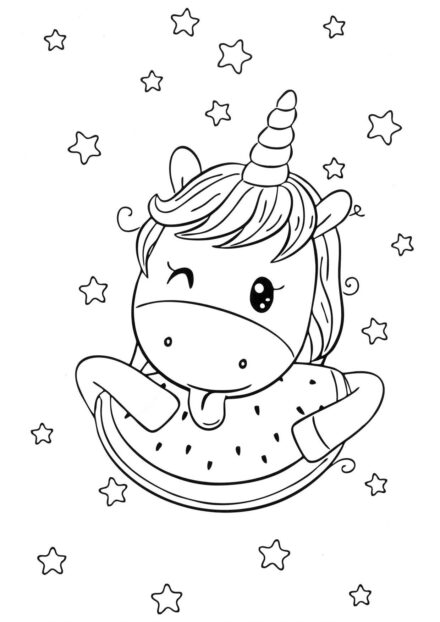 Dibujo para Colorear: Pequeño Unicornio con una Sandía