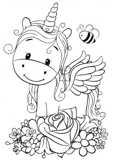 Dibujo para Colorear: Pequeño Unicornio y Abeja