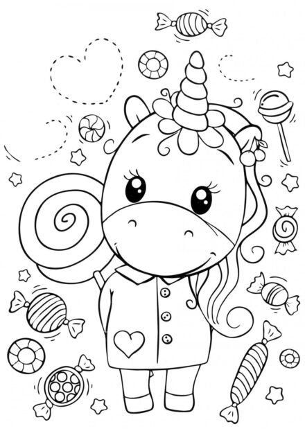 Dibujo para Colorear: Unicornio y una Montaña de Dulces