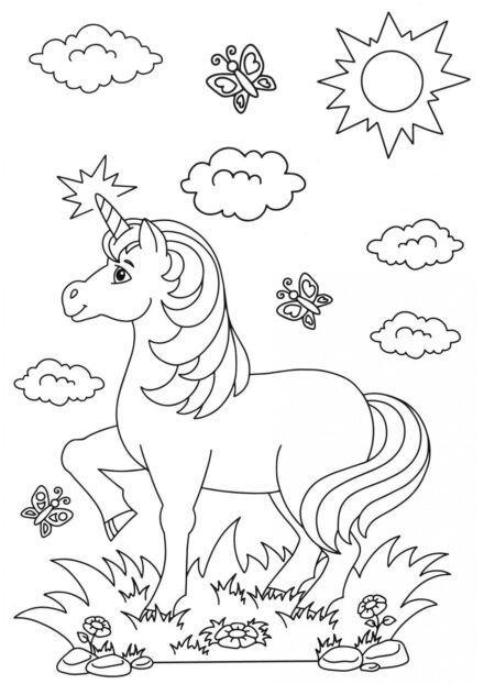 Dibujo para Colorear: Unicornio y Mariposas