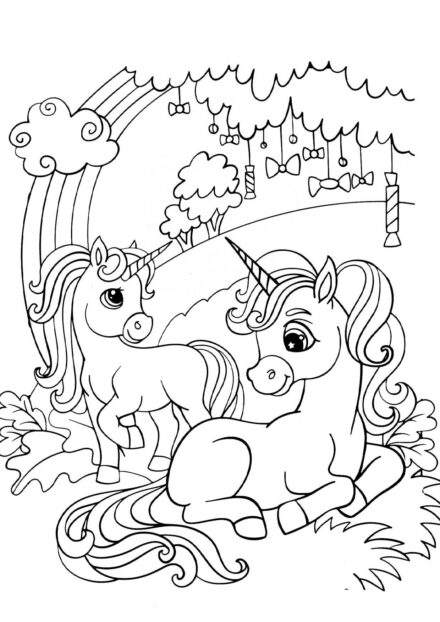 Dibujo para Colorear: Mamá Unicornio y Bebé