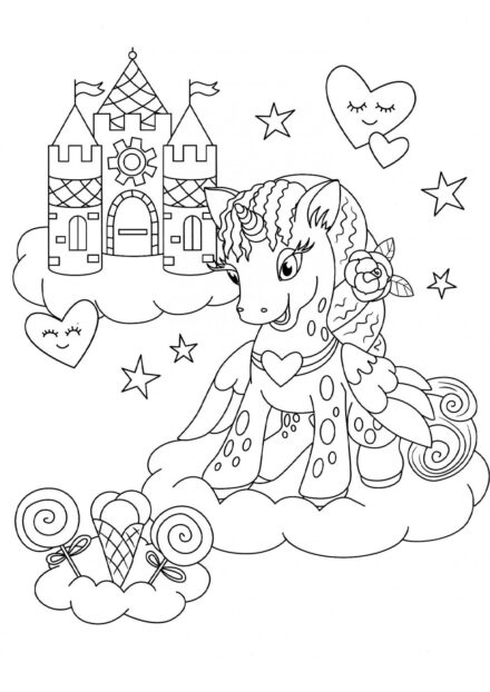 Dibujo para Colorear: Unicornio y Castillo