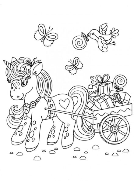 Dibujo para Colorear: Unicornio y Carrito de Regalos