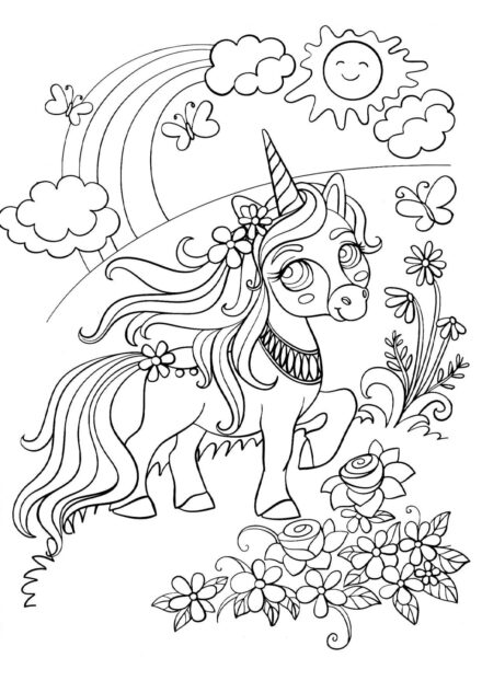 Dibujo para Colorear: Pequeño Unicornio en un Claro