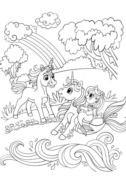 Dibujo para Colorear: Unicornio y Sirena