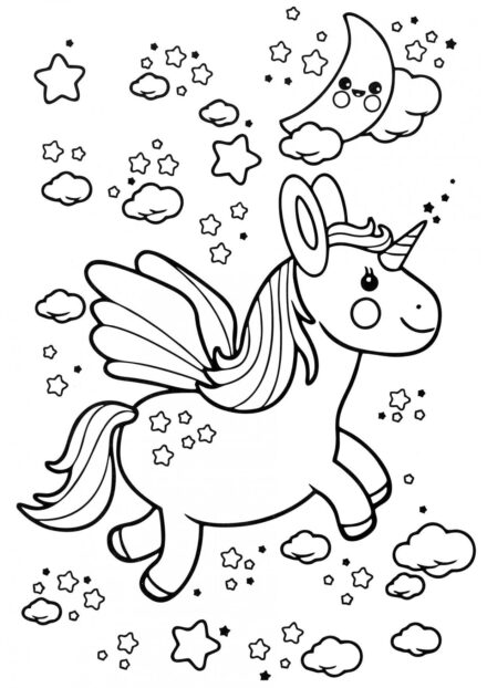 Dibujo para Colorear: Pequeño Unicornio en el Cielo