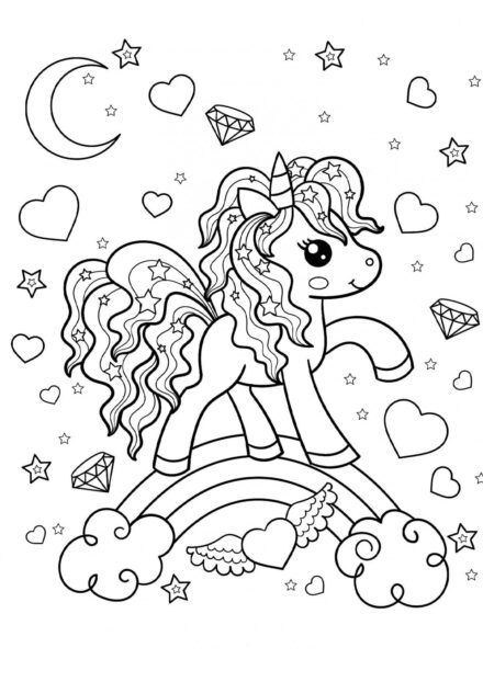 Dibujo para Colorear: Pequeño Unicornio de Pelo Claro