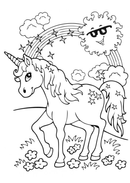 Dibujo para Colorear: Unicornio Bajo el Sol