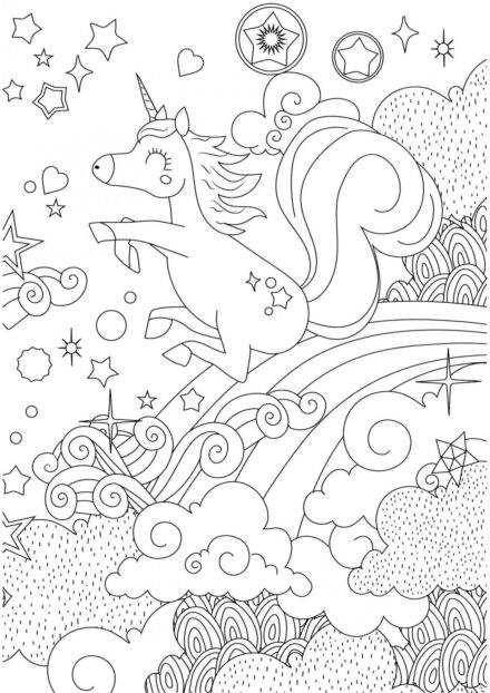 Dibujo para Colorear: Unicornio Galopando en un Arcoíris