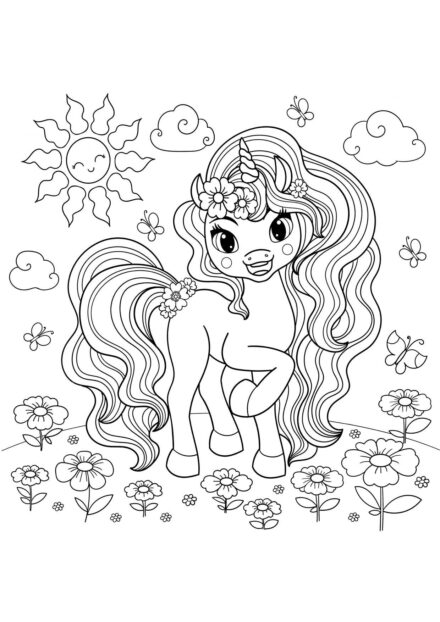 Dibujo para Colorear: Pequeño Unicornio en un Jardín de Flores