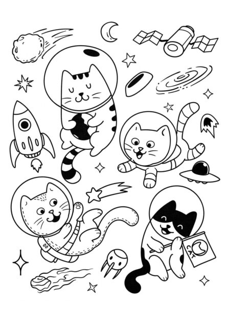 Dibujo para Colorear: Gatos Astronautas