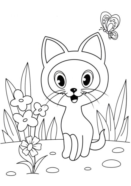 Dibujo para Colorear: Gatito Gav en el Jardín