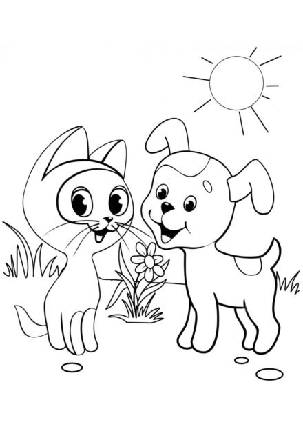 Dibujo para Colorear: Gatito Gav y Cachorro