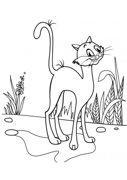 Dibujo para Colorear: Gato en el Patio