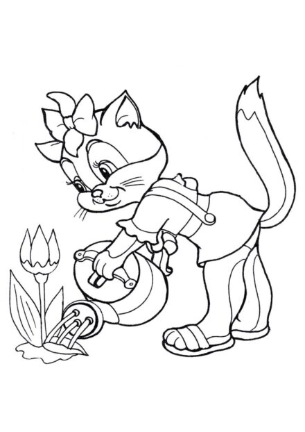 Dibujo para Colorear: Gatito Regando Flores