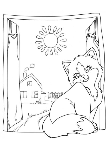 Dibujo para Colorear: Gato en el Alféizar de la Ventana