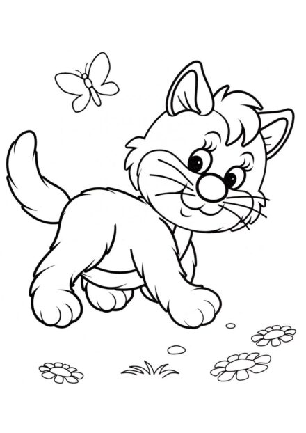 Dibujo para Colorear: Gatito en un Paseo