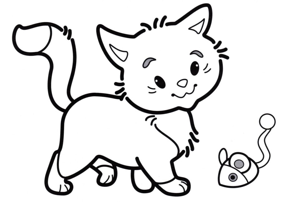 Dibujo para Colorear: Gatito Jugando con un Ratón