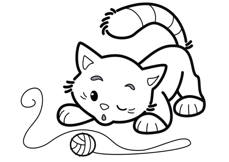 Dibujo para Colorear: Gatito y Ovillo de Hilo