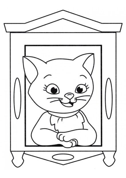 Dibujo para Colorear: Gato en la Ventana