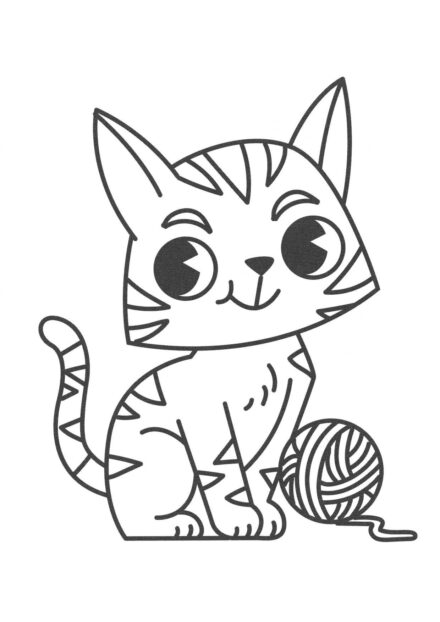 Dibujo para Colorear: Gatito con Ovillo de Hilo