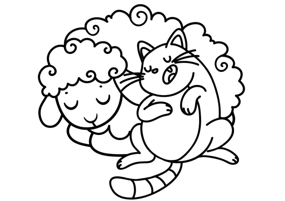 Dibujo para Colorear: Oveja y Gatito