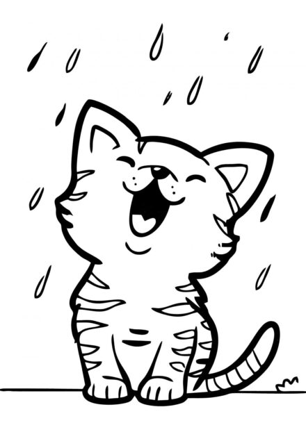 Dibujo para Colorear: Gatito Disfrutando de la Lluvia