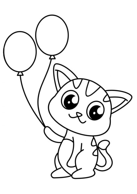 Dibujo para Colorear: Gatito Sosteniendo Globos