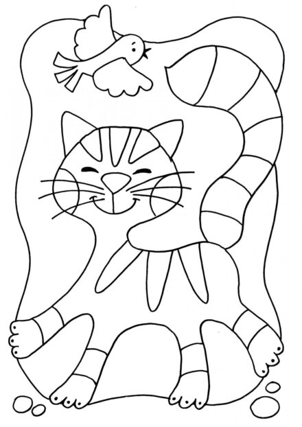 Dibujo para Colorear: Gatito y Pajarito