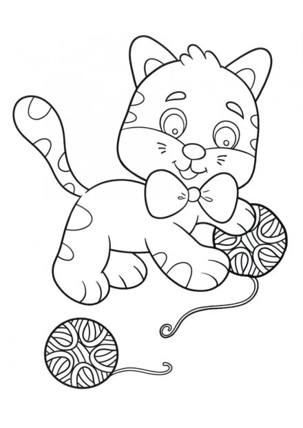 Dibujo para Colorear: Gatito con Ovillo de Hilo