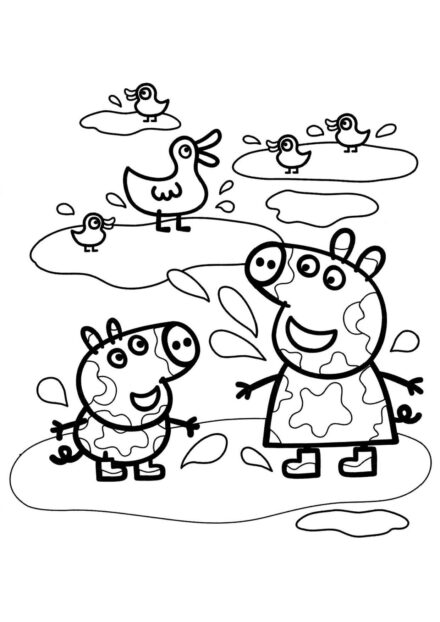 Dibujo para Colorear de Peppa y George en un Charco de Barro