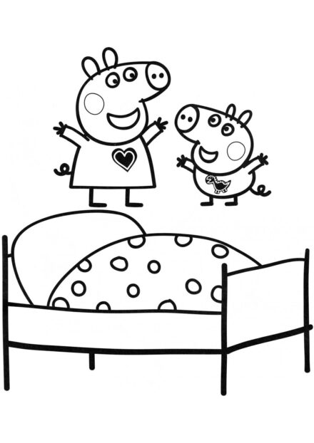 Dibujo para Colorear de Peppa y George Saltando en la Cama